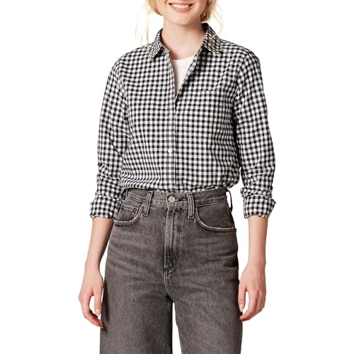 Amazon Essentials Women's Regular-Fit Long-Sleeve Button-Down Poplin Shirt, Black White Gingham, Medium
