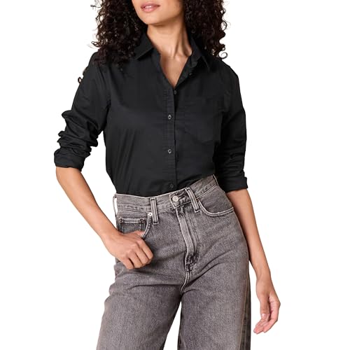 Amazon Essentials Women's Regular-Fit Long-Sleeve Button-Down Poplin Shirt, Black, Large