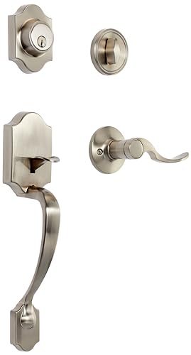 Amazon Basics Front Door Lock Set, Handleset with Shelby Lever, Level Door Handle, Exterior, Single Cylinder Packs, Satin Nickel, 1-Pack