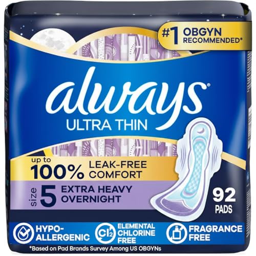 Always Ultra Thin Overnight Pads, Size 5, Extra Heavy Overnight, Unscented, 92 Count (2 Packs of 46)