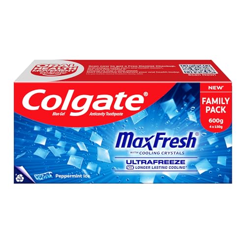 MaxFresh Toothpaste, Blue Gel Paste with Menthol for Super Fresh Breath, 600g, 150g X 4 (Peppermint Ice, Combo Pack)