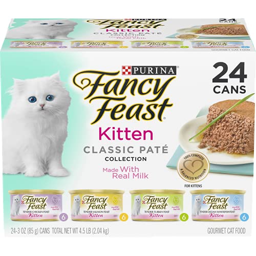 Purina Fancy Feast Tender Ocean Whitefish, Turkey, Chicken and Salmon Feasts Wet Kitten Food Variety Pack - (Pack of 24) 3 oz. Boxes