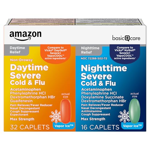 Amazon Basic Care Vapor Ice Day and Night Severe Cold and Flu Relief Caplets, Maximum Strength Medicine, Combo Pack, 48 Count