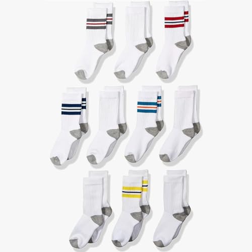 Amazon Essentials Toddler Boys' Cotton Cushioned Crew Sports Socks, 10 Pairs, White Stripe, 4-5T