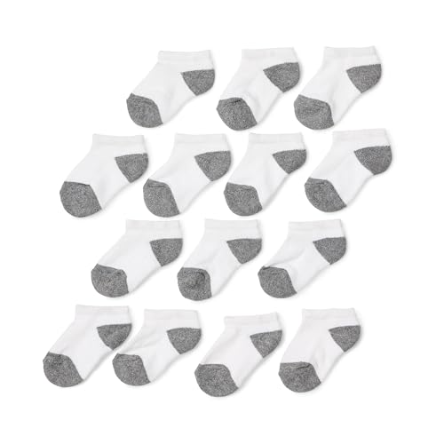 Amazon Essentials Unisex Toddlers' Cotton Low Cut Cushioned Sock, 14 Pairs, White/Grey, 2-3T