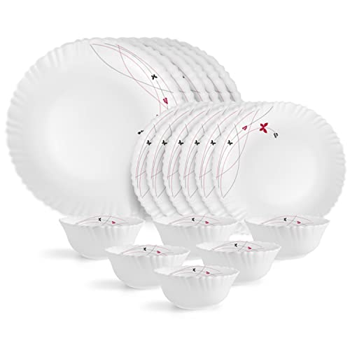CELLO Lush Fiesta Dazzle Series Opalware Dinner Set of 18 Pieces for Family of 2 | Bone-Ash Free & Leadfree Opal Glass, Microwave & Dishwasher Safe, P