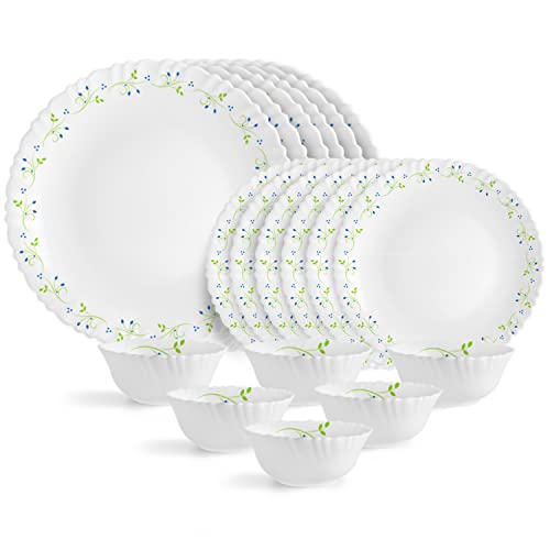 CELLO Tropical Lagoon Dazzle Series Opalware Dinner Set of 18 Pieces For Family of 6 | Bone-Ash Free & Leadfree Opal Glass, Microwave & Dishwasher Saf