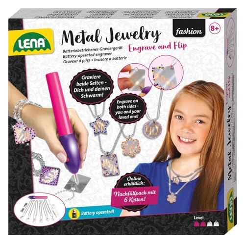(-30%) Lena 42655 Metal Jewelery Schmuck-Bastelset ab 8 Jahren - Halskette basteln ganz einfach, Kreatives Bastelset für Mädchen mit Gravurgerät, Anhänger & Deko-Strasssteinen