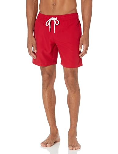 Amazon Essentials Men's 7" Swim Trunks with Mesh Lining, Pockets, Drawstring Closure, Red, Large
