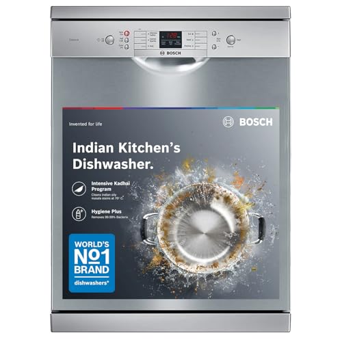 Bosch 13 Place Setting (fits up to 70 utensils) Free-Standing Dishwasher for Indian Utensils | Hygiene+ & Intensive Kadhai Program (SMS66GI01I, Silver