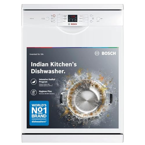 Bosch 13 Place Setting (fits up to 70 utensils) Free-Standing Dishwasher for Indian Utensils | Hygiene+ & Intensive Kadhai Program (SMS66GW01I, White,