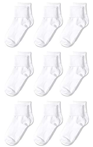 Amazon Essentials Toddler Girls' Comfortable Cotton Blend Uniform Turn Cuff Sock, 9 Pairs, White, 4-5T