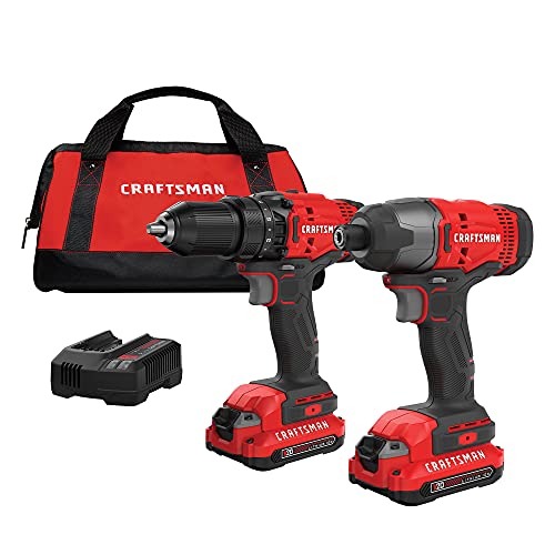 CRAFTSMAN V20 MAX Cordless Drill Driver and Impact Driver Set, Power Tool Set with 2 Batteries and Charger, LED Work Lig