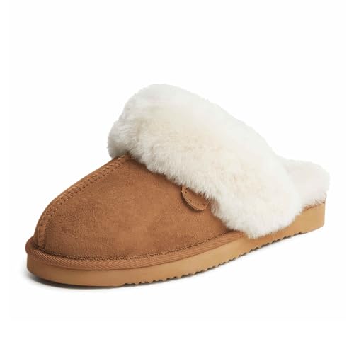Dearfoams womens Fireside Sydney Shearling Fur Indoor/Outdoor Scuff With Wide Widths Slipper, Chestnut, 9 US