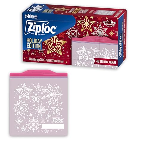 Ziploc Quart Food Storage Bags, Grip 'n Seal Technology for Easier Grip, Open, and Close, 48 Count, Holiday Designs, Packaging May Vary