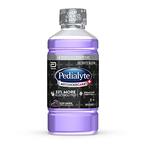 Pedialyte AdvancedCare Plus Electrolyte Hydration Drink, Has 33% More Electrolytes and Has PreActiv Prebiotics, Iced Grape, 1 Liter