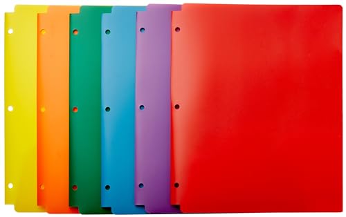 Amazon Basics Plastic 3 Hole Punch Folders with 2 Pockets, 8.5 x 11 inches, Pack of 6, Assorted Color
