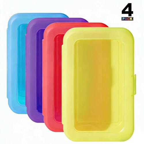Amazon Basics 4-Pack Large Pencil Cases - Durable Plastic School Supply Pencil Box - Multi-Color Student Organization Cases for Office, College & Classroom Supplies