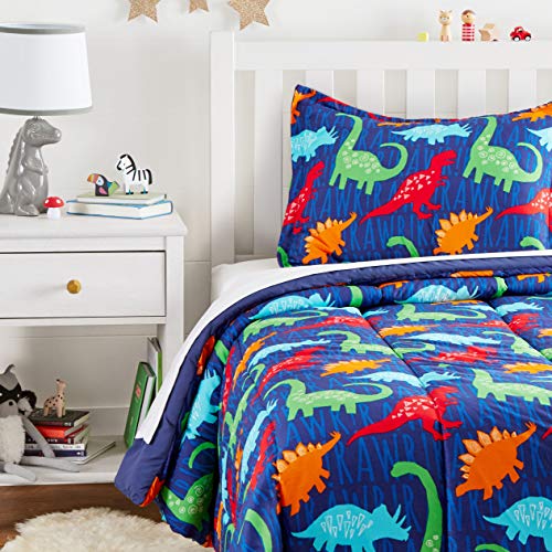 AmazonBasics Kid's Comforter Set - Soft, Easy-Wash Microfiber - Twin, Multi-Color Dinosaurs