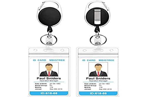 Will Well ID Badge Holders with Clip and Keyring - Vertical Clear Plastic 2.52" x 3.58" Sleeves Fit Up to 3 Cards - Retractable 24" UHMWPE Fiber Pull Cords for Easy Access - 2-Pack, Black Reels