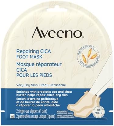 Aveeno Repairing CICA Foot Mask with Prebiotic Oat and Shea Butter, Moisturizing Foot Mask for Extra Dry Skin, 1 Pair