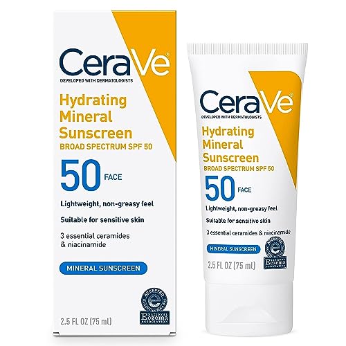 CeraVe 100% Mineral Sunscreen SPF 50, Face Sunscreen With Zinc Oxide & Titanium Dioxide, Hyaluronic Acid + Niacinamid...
