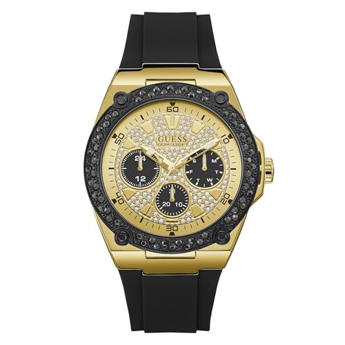GUESS Black Gold-Tone Glitz Stain Resistant Silicone Watch with Day, Date + 24 Hour Military/Int'l Time. Color: Black (Model: U1257G1)