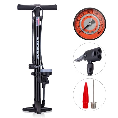 Dunlop Fietspomp met Drukmeter 160PSI/11Bar - Fiets Pomp voor Dunlop, Schrader en Frans Ventiel - Staande Pomp Incl. Adaptoren voor Waterspeelgoed en Ballen - Ook voor Scooter en Auto Banden