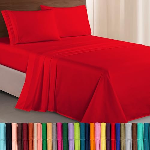 Elegant Comfort Luxurious 1500 Premium Hotel Quality Microfiber Three Line Embroidered Softest 4-Piece Bed Sheet Set, Wrinkle and Fade Resistant, California King, Red