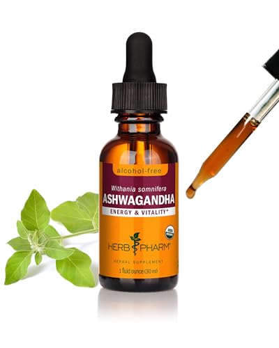 Herb Pharm Organic Ashwagandha Liquid Extract, Alcohol-Free: Mood Support Supplement, Vegan Ashwagandha Root Glycerite, Tasty Non-Bitter Adaptogen Extract for Adults, Non-GMO, 1 Oz
