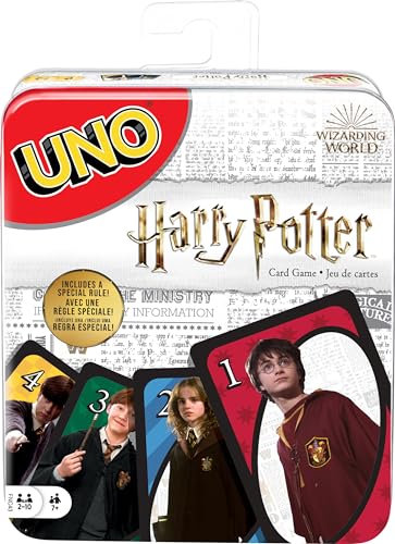 Mattel Games UNO Harry Potter Card Game in Storage Tin for Kids, Adults & Parties, Collectible Deck Based on Popular Series for 2 to 10 Players