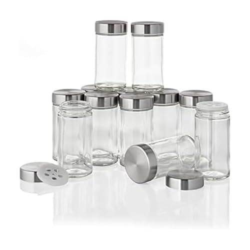Kamenstein Clear Reusable 3 Oz Jars With Stainless Steel Shaker Lids, And Twist-On Caps For Airtight Seals 12 Pk