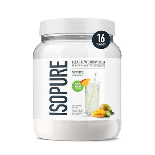 Isopure Clear Whey Isolate Protein Powder, Lactose Free, Gluten Free, Naturally Flavored, Mango Lime, 20g Protein Per Serving, 14.1 Oz, 16 Servings (Packaging May Vary)