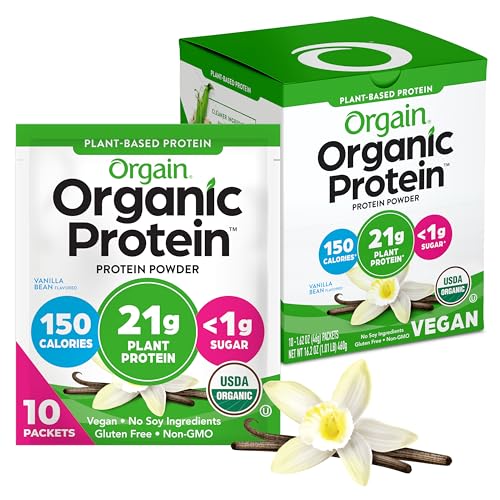 Orgain Organic Vegan Protein Powder, Vanilla Bean - 21g Plant Protein, 5g Prebiotic Fiber, Low Carb, No Lactose Ingredients, No Added Sugar, Non-GMO, For Shakes & Smoothies, 10 Travel Packs