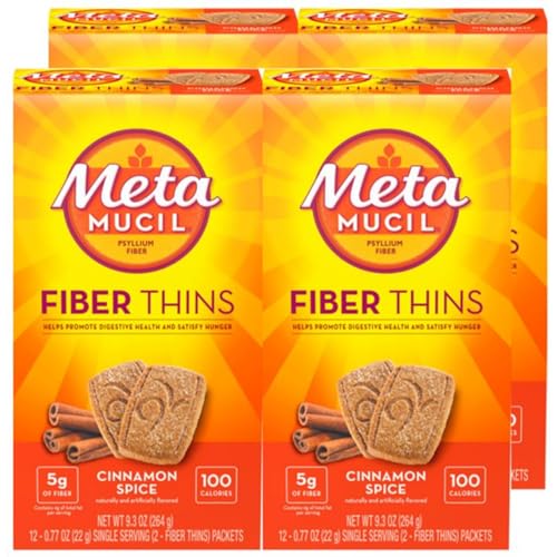 Metamucil Fiber Thins, Daily Fiber Supplement Snack, Psyllium Husk Powder, 5g Fiber per Serving, Supports Digestive Health and Satisfies Hunger, Cinnamon Spice Flavor, pack of 4, 12 Servings each