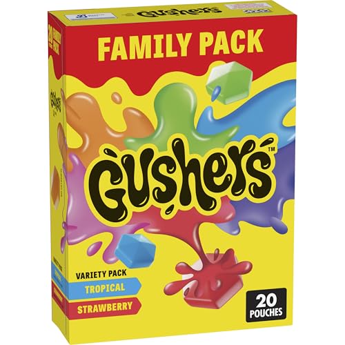 Gushers Fruit Flavored Snacks Family Pack, Tropical & Strawberry Flavors, Gluten Free Gummy Kids Snack, Bursting Juicy Center, Vitamin C Source, Individually Wrapped, Bulk Box, 20 Pouches, 16 oz Total
