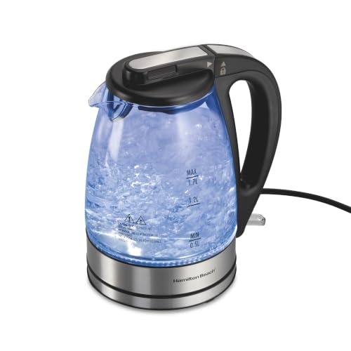 Hamilton Beach Chaleira elétrica de 1,7 L, caldeira de água e aquecedor, indicador de LED, filtro de malha embutido, desligamento automático e proteção contra fervura, sem fio, vidro transparente