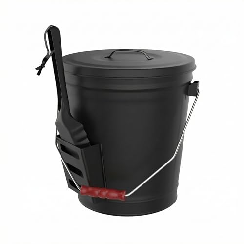 Ash Bucket - 4.75-Gallon Metal Bucket with Lid and Shovel for Fireplace or Firepit Ashes - Heat Resistant Fireplace Tools by Pure Garden (Black)