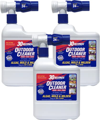 30 Seconds Outdoor Cleaner | Cleans Moss & Algae Stains from House, Vinyl Siding, Deck, Patio, Fence - 3 Capped Bottles, 1 Hose End Spray Attachment (64 Fl Oz (Pack of 3)