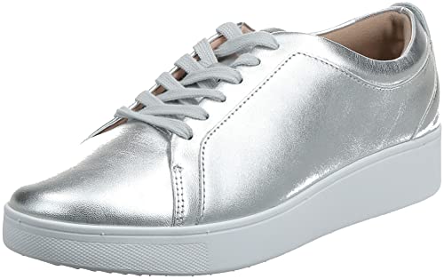 FitFlop Women's Rally Leather Sneakers with Flexible, Slip Resistant Rubber Outsole and Anatomicush Midsole, Old-School Tennis Shoe Style, On The Go Ergonomic Padded Footwear, Silver, 5