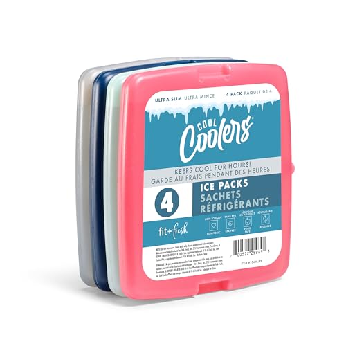 Cool Coolers by Fit & Fresh 4 Pack Slim Ice Packs, Quick Freeze Space Saving Reusable Ice Packs for Lunch Boxes or Coolers, Multi Colored