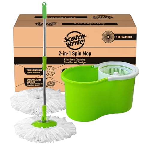 Scotch-Brite Twin Bucket Spin Mop with Easy Wring & Rinse System, 360° Adjustable Handle, High Absorbency Microfiber for Deep