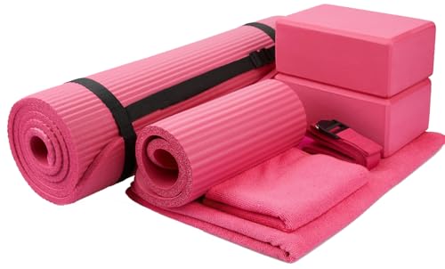 BalanceFrom 7-Piece Yoga Set with 71x24x0.5 Inches Extra Thick Mat and Carrying Sling – Includes 2 Blocks, Stretch Strap, 2 Towels, and Knee Pad for Home, Studio, and Gym Workouts