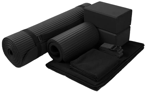 BalanceFrom 7-Piece Yoga Set with 71x24x0.5 Inches Extra Thick Mat and Carrying Sling – Includes 2 Blocks, Stretch Strap, 2 Towels, and Knee Pad for Home, Studio, and Gym Workouts