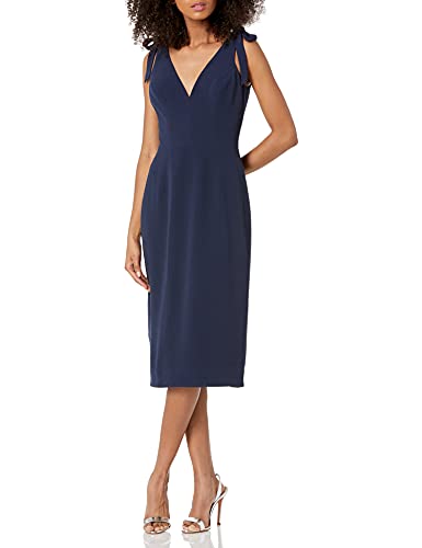 DRESS THE POPULATION womens Lita Sleeveless Plunging Midi Sheath W Bows Dress, Midnight Blue, Large US