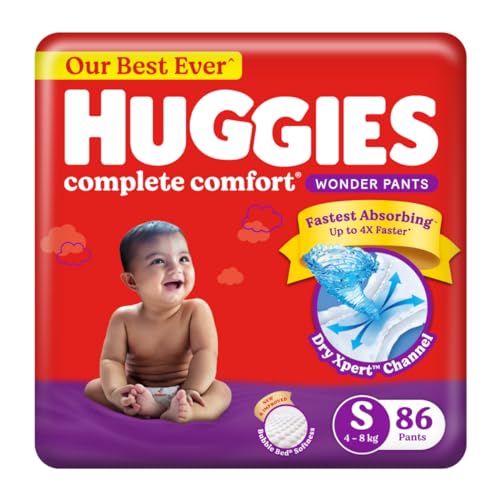 Huggies Complete Comfort Wonder Pants | Pant Style Baby Diapers Small Size (S), 86 Count | India's Fastest Absorbing Diaper, Prevents Diaper Rash, Ide