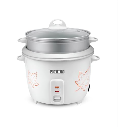 USHA RC18GS2 Steamer 700 Watt Automatic Rice Cooker 1.8 Litres with Powerful Heating Element, Keep Rice Warm for 5 Hrs, 2 Cooking Pans, Steamer, Trive