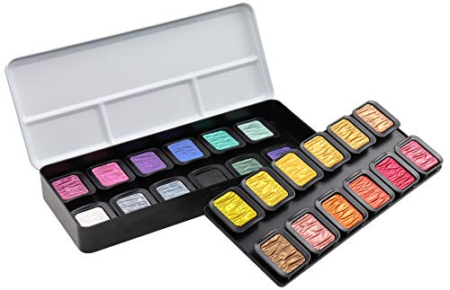 Finetec Essential - Pearlescent Watercolour Set - 24 Colours - Iridescent & Flip-Flop Effects - Ethically Sourced Mica - High Pigmentation & Lightfastness - Ideal for Artists & Calligraphy
