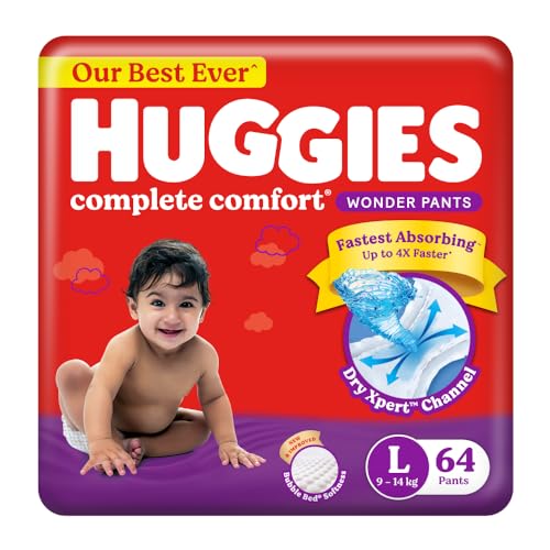 Huggies Complete Comfort Wonder Pants | Pant Style Baby Diapers Large Size (L), 64 Count | India's Fastest Absorbing Diaper, Prevents Diaper Rash, Ide