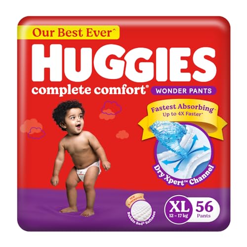 Huggies Complete Comfort Wonder Pants | Pant Style Baby Diapers Extra Large Size (XL), 56 Count | India's Fastest Absorbing Diaper, Prevents Diaper Ra